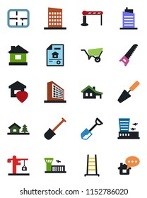 Color and black flat icon set - barrier vector, airport building, office, trowel, shovel, ladder, wheelbarrow, saw, house, with garage, tree, plan, estate document, sweet home, city, crane, message