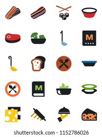 Color and black flat icon set - spoon and fork vector, cafe, menu, salad, plates, bacon, waiter, bread, steak, ladle, bowl, rolling pin, sushi, cheese