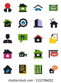 Color and black flat icon set - office building vector, house, contract, with garage, estate document, rent, sold signboard, search, agent, smart home, eco, message