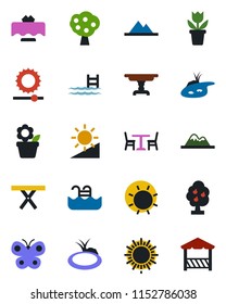 Color and black flat icon set - cafe vector, sun, flower in pot, butterfly, pond, picnic table, brightness, pool, fruit tree, mountains, restaurant, alcove