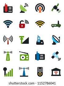 Color and black flat icon set - antenna vector, office phone, satellite, radio, remote control, wireless, cellular signal, lock, router, garage gate