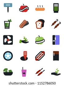 Color and black flat icon set - plant label vector, diet, fridge, drink, phyto bar, salad, bacon, bread, kebab, hot dog, fan, palm sproute