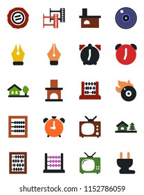 Color and black flat icon set - alarm clock vector, abacus, stamp, fireplace, film frame, vinyl, flame disk, ink pen, house with tree, tv, power plug