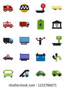 Color and black flat icon set - dispatcher vector, taxi, airport bus, alarm car, ladder, ambulance, route, truck trailer, delivery, heavy scales, garage gate control, battery