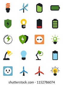Color and black flat icon set - bulb vector, battery, low, protect, charge, desk lamp, windmill, socket, energy saving, idea