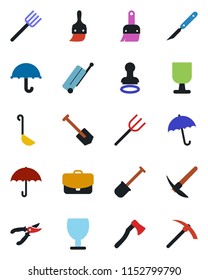 Color and black flat icon set - suitcase vector, umbrella, stamp, job, shovel, farm fork, pruner, axe, scalpel, fragile, themes, ladle, case, hard work