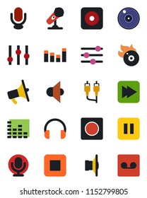 Color and black flat icon set - vinyl vector, flame disk, microphone, speaker, loudspeaker, settings, equalizer, headphones, pause button, stop, fast forward, rec, rca, tuning, record