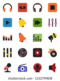Color and black flat icon set - vinyl vector, flame disk, microphone, radio, settings, equalizer, headphones, play button, stop, fast forward, rec, tuning, bell, record, sound