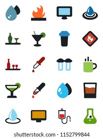 Color and black flat icon set - hot cup vector, water drop, dropper, flammable, monitor, alcohol, drink, cocktail, filter, flask