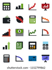 Color and black flat icon set - credit card vector, growth statistic, calculator, crisis graph, receipt, bar, wallet, cash, presentation