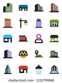 Color and black flat icon set - taxi vector, shop, office building, garden light, navigation, store, city house, cafe, storefront