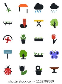 Color and black flat icon set - flower in pot vector, ripper, tree, butterfly, lady bug, seedling, rain, plant label, picnic table, tulip