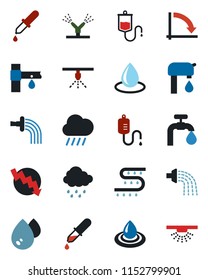 Color and black flat icon set - crisis graph vector, watering, water drop, rain, drip irrigation, dropper, supply, sprinkler