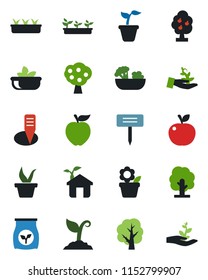 Color and black flat icon set - flower in pot vector, seedling, tree, sproute, plant label, fertilizer, fruit, salad, apple, eco house, palm