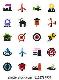 Color and black flat icon set - factory vector, bird house, target, sun panel, windmill, eco, water, palm sproute