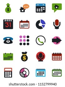 Color and black flat icon set - right arrow vector, calendar, circle chart, microphone, menu, calculator, phone, home message, money bag