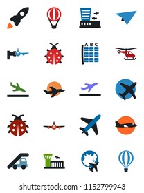 Color and black flat icon set - plane vector, departure, arrival, ladder car, boarding, helicopter, seat map, globe, airport building, lady bug, rocket, paper, air balloon