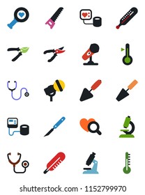 Color and black flat icon set - trowel vector, pruner, saw, stethoscope, blood pressure, thermometer, heart diagnostic, microscope, scalpel, microphone
