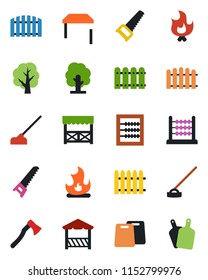Color and black flat icon set - fence vector, tree, saw, fire, hoe, axe, abacus, table, alcove, cutting board
