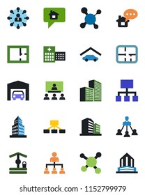 Color and black flat icon set - hierarchy vector, well, molecule, hospital, office building, garage, plan, home message