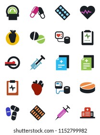Color and black flat icon set - heart pulse vector, diagnosis, syringe, blood pressure, pills, blister, tomography, real, clipboard, hospital