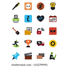 Color and black flat icon set - pen vector, job, printer, sun, heart pulse, run, cargo container, folder document, clapboard, paper pin, record, moving, socket, wireless lock, bulb, information