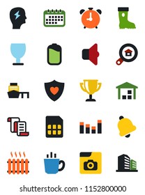 Color and black flat icon set - alarm clock vector, contract, brainstorm, boot, heart shield, sea port, fragile, warehouse, equalizer, bell, sim, photo gallery, battery, estate search, heater, sound