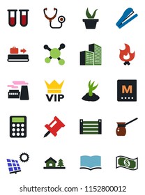 Color and black flat icon set - baggage conveyor vector, vip, book, factory, seedling, sproute, fire, stethoscope, blood test vial, molecule, container, drawing pin, office building, calculator