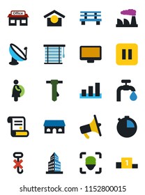 Color and black flat icon set - tie vector, factory, contract, bench, pregnancy, store, warehouse storage, no hook, sorting, satellite antenna, loudspeaker, monitor, pause button, stopwatch, face id