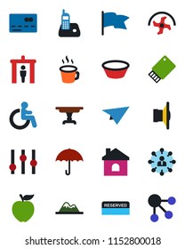Color and black flat icon set - security gate vector, credit card, disabled, hierarchy, ripper, house, umbrella, speaker, settings, radio phone, coffee, mountains, table, reserved, bowl, apple fruit