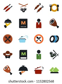 Color and black flat icon set - spoon and fork vector, waiter, cafe, menu, plates, dress code, kebab, ham, steaming pan, sushi, serviette