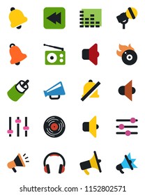 Color and black flat icon set - vinyl vector, flame disk, microphone, radio, speaker, loudspeaker, equalizer, headphones, rewind, rca, tuning, bell, mute, sound, advertising