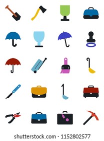 Color and black flat icon set - suitcase vector, umbrella, stamp, job, pruner, axe, scalpel, fragile, themes, case, ladle, hard work