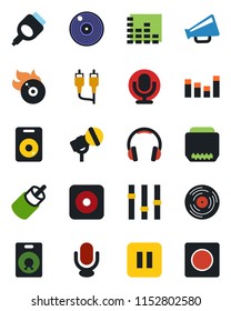 Color and black flat icon set - vinyl vector, flame disk, microphone, loudspeaker, settings, equalizer, headphones, speaker, pause button, rec, rca, hdmi, record