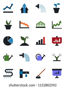 Color and black flat icon set - seedling vector, watering can, sproute, hoe, greenhouse, drip irrigation, bar graph, pie, point, arrow up, growth, crisis, presentation