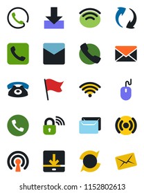 Color and black flat icon set - phone vector, mail, mouse, call, update, download, wireless, lock, flag
