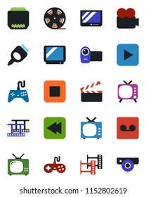 Color and black flat icon set - clapboard vector, film frame, reel, tv, gamepad, video camera, play button, stop, rewind, hdmi, record, web