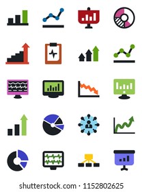 Color and black flat icon set - growth statistic vector, hierarchy, monitor, circle chart, pulse, clipboard, statistics, bar graph, pie, point, arrow up, crisis, presentation