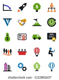 Color and black flat icon set - hierarchy vector, team, meeting, office building, gear, motivation, rocket, handshake, money bag, clock, pennon, crisis, car, certificate, man with notebook, tree