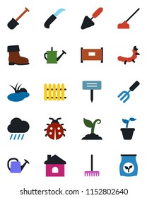 Color and black flat icon set - fence vector, trowel, garden fork, shovel, rake, seedling, watering can, sproute, boot, lady bug, house, rain, hoe, knife, plant label, caterpillar, pond, fertilizer