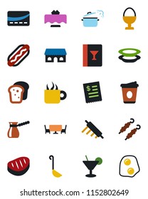 Color and black flat icon set - coffee vector, restaurant table, wine card, cocktail, plates, egg stand, bread, cafe building, credit, receipt, steak, kebab, hot dog, ladle, rolling pin, turkish