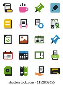 Color and black flat icon set - book vector, office binder, document, coffee, drawing pin, reload, printer, contract, gallery, calendar, notes, search, plan, schedule