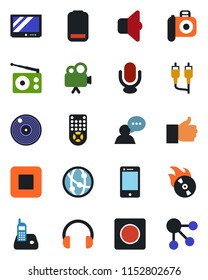 Color and black flat icon set - vinyl vector, flame disk, camera, radio, tv, video, microphone, remote control, network, cell phone, speaker, headphones, finger up, low battery, stop button, rca
