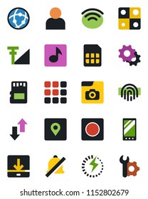 Color and black flat icon set - mobile vector, menu, settings, user, record, sd, sim, network, data exchange, download, wireless, mute, place tag, fingerprint id, music, photo gallery, charge