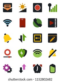 Color and black flat icon set - phone back vector, call, protect, settings, alarm, bell, mail, record, scanner, notes, data exchange, wireless, mute, brightness, video, cellular signal, battery