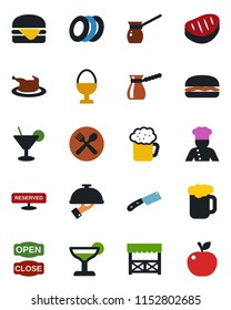 Color and black flat icon set - cook vector, cafe, reserved, cocktail, beer, plates, waiter, egg stand, open close, alcove, chicken, steak, hamburger, knife, turkish coffee, apple fruit