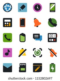 Color and black flat icon set - mobile vector, phone back, call, message, calculator, clock, stopwatch, bell, mail, sd, network, notes, mute, eye id, music, battery, charge