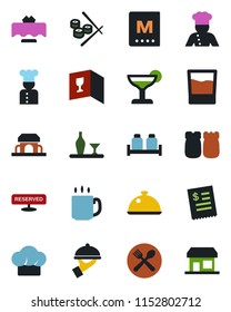 Color and black flat icon set - coffee vector, cook, dish, alcohol, restaurant table, cafe, hat, wine card, menu, reserved, drink, cocktail, waiter, salt and pepper, building, receipt, sushi