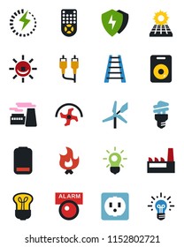 Color and black flat icon set - factory vector, ripper, ladder, fire, remote control, speaker, low battery, rca, protect, charge, sun panel, socket, bulb, energy saving, windmill, alarm led, idea
