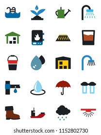 Color and black flat icon set - shower vector, watering can, bucket, boot, water drop, rain, drip irrigation, sea shipping, umbrella, warehouse, pool, bathroom, drink, heater, filter, warm floor